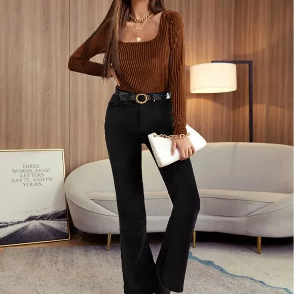 Brown Rib-knit Velvet Tee - Picture 4 of 9